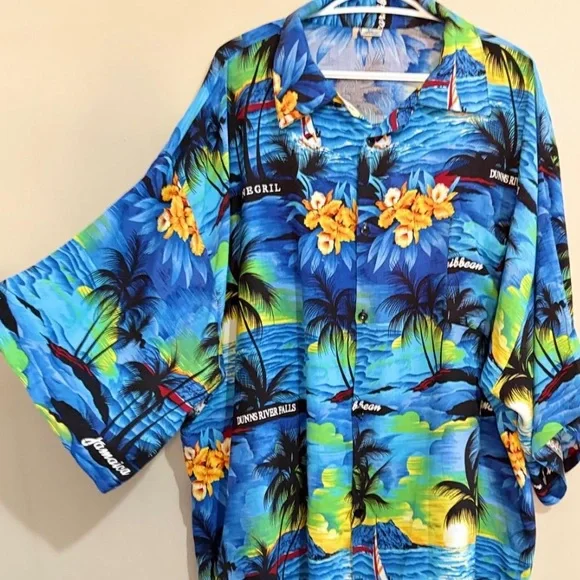 Jamaican Tropical Palm Tree Print Button-Up Beach Shirt – Plus Size 3X GUC - Picture 3 of 7